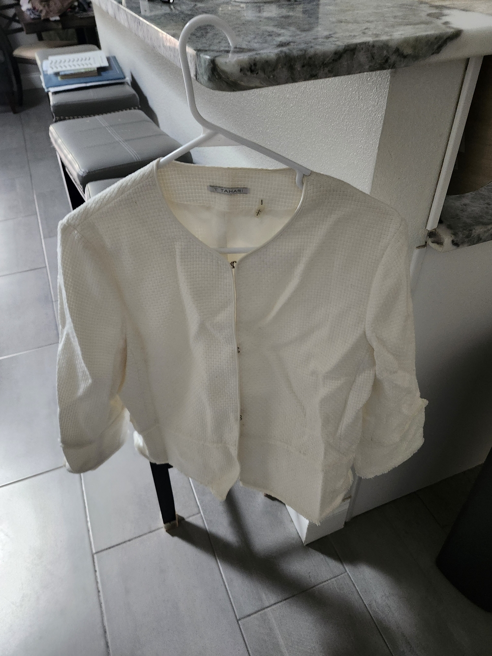 T Tahari Cream Textured Open-Front Women's Jacket